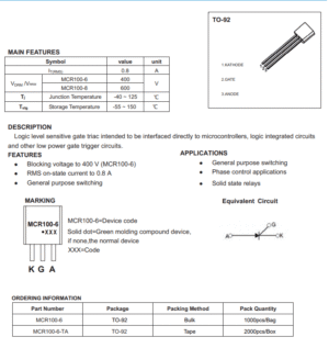 SCR MCR100-8 0.8A 600V TO-92 – Silicon Controlled Rectifier – Paklek Store - Gambar 2